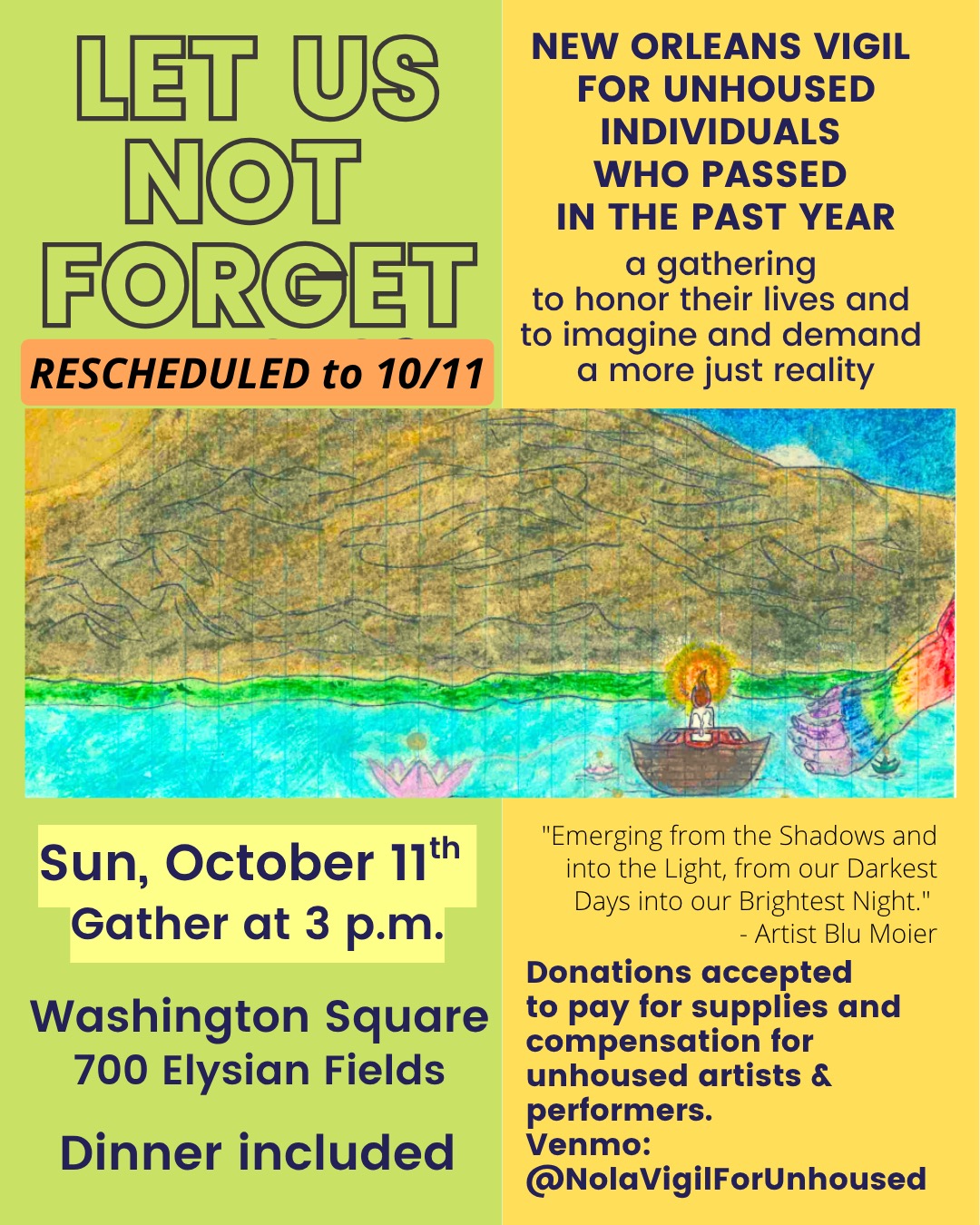 Flyer stating Let Us Not Forget. New Orleans Vigil For Unhoused Individuals Who Passed In The Past Year
